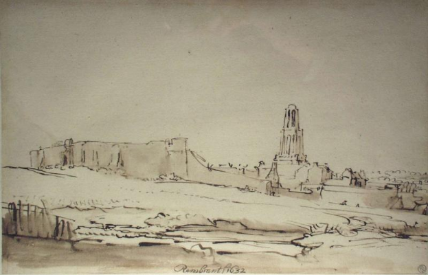A drawing of a castle with a clock tower in the background, surrounded by a few people, titled "The Tower of Babel" by Rembrandt Harmenszoon van Rijn.