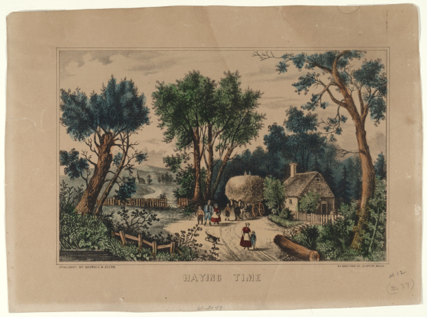 Eine Zeichnung einer Farmszene mit Menschen, die einen Schotterweg entlanggehen, umgeben von Bäumen, Pflanzen, Gras, Holzstämmen, einem Zaun, einem Haus mit Dach und einem bewölkten Himmel, mit Text unten.