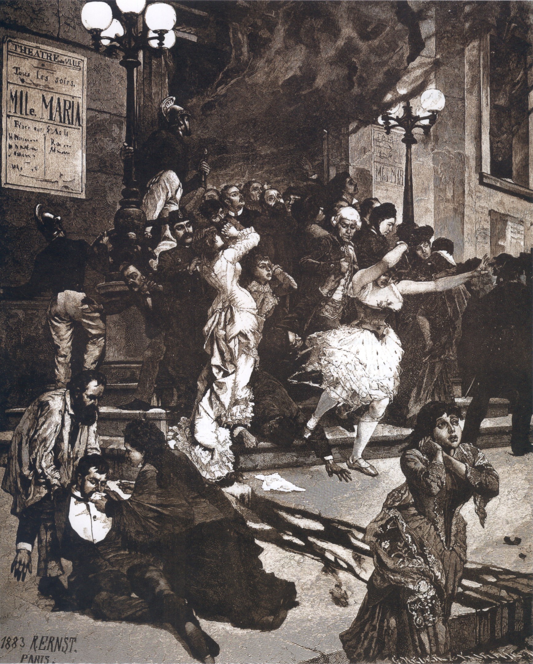 Schwarze und weiße Illustration von Menschen, die vor einem Gebäude mit Laternen und einer Tafel an der Wand tanzen, mit der Beschriftung 'Der Tanz der Oper' unten.