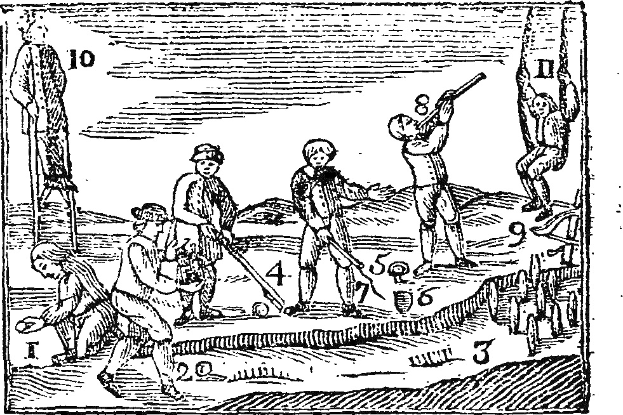 Black and white drawing of people playing golf, with one holding a club and another holding a ball, accompanied by numbers and text.