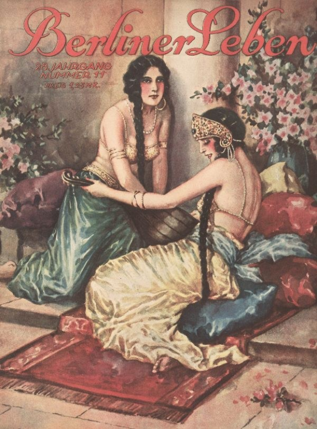 Plakat mit zwei Frauen auf einem Bett umgeben von Kissen und blühenden Pflanzen, mit der Aufschrift "Berliner Leben Magazin-Cover von Oktober 1931" oben.
