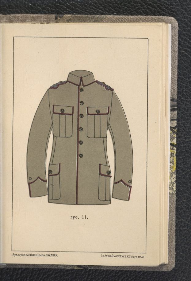 Offenes Buch mit einer Zeichnung einer Militäruniform mit einem Hemd, einem Gürtel und einer Schnalle, betitelt mit "Militäruniform."