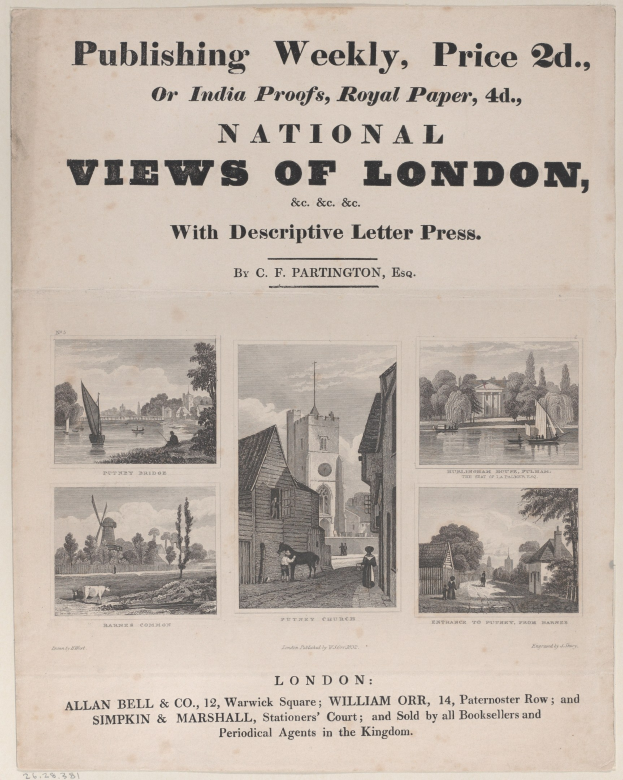 A detailed illustrated map of London with accompanying descriptive text, featuring buildings, trees, and landmarks.