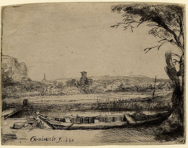 A drawing of a boat on a river with a castle in the background, surrounded by trees and a sky, signed "Rembrandt Harmensz van Rijn" at the bottom.