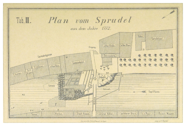 A poster featuring a detailed plan of Spruidel, Germany, with accompanying text describing the city.