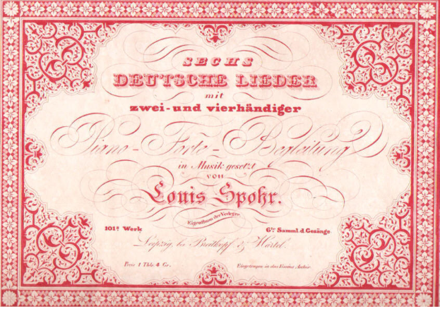 Ein altes deutsches Wertpapier mit rotem Rand und weißem Hintergrund, das den Text "Louis Spohr - Zweites Deutsches Lieder" trägt.