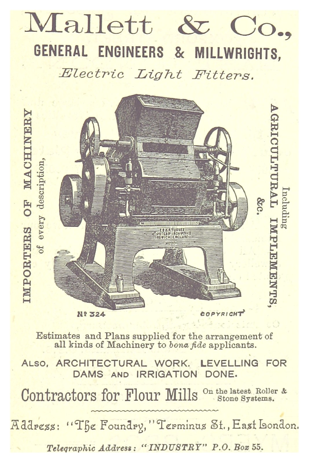 Annoncen für die Elektrolampenfiltermaschine von Mallett & Co., die das Gerät und seine beschriebenen Eigenschaften zeigt.