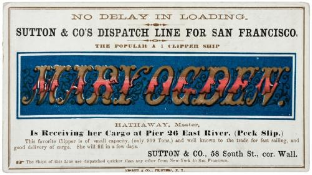 Papier-Paketaufkleber für Sutton & Co's Dispatch Line nach San Francisco, verbunden mit einer Clipper-Schiff.