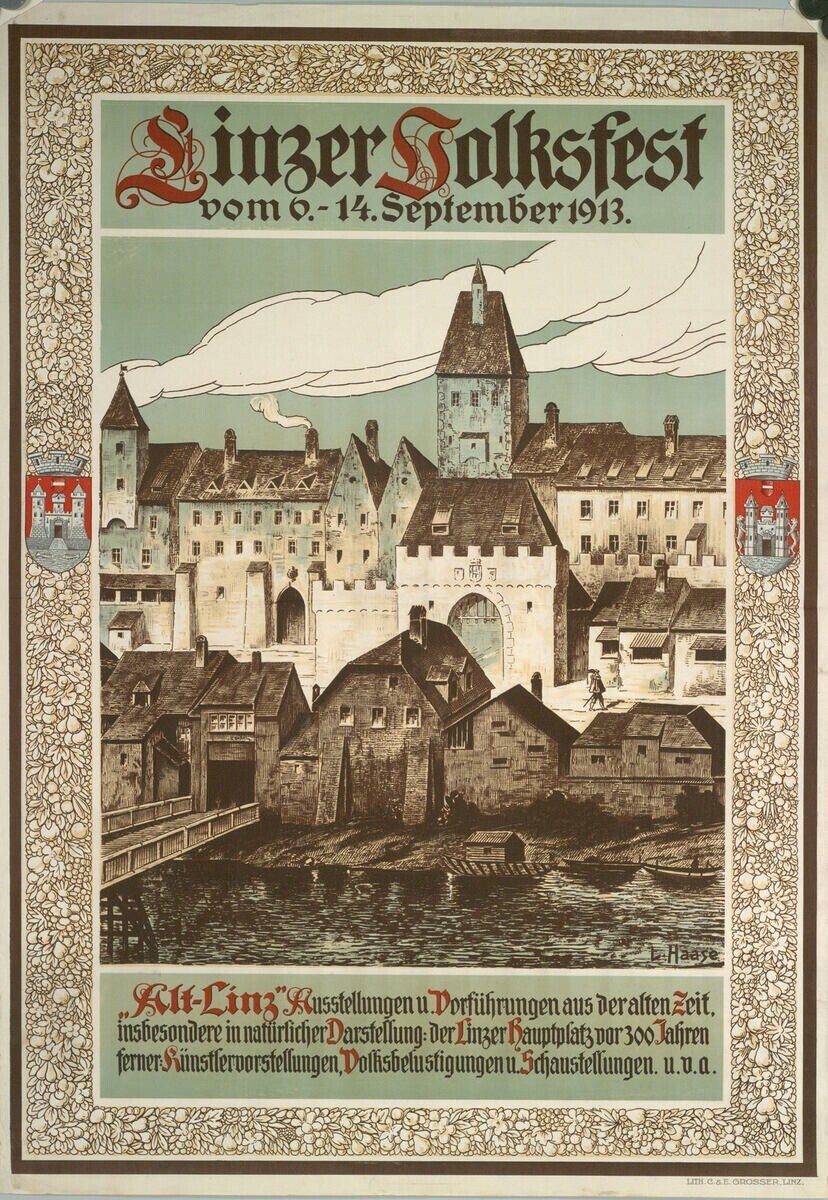 Old German festival poster with a castle and houses illustration, accompanied by text.