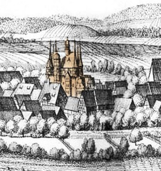 Schwarze und weiße Zeichnung einer kleinen Stadt mit einer zentral gelegenen Kirche, umgeben von Bäumen und Hügeln, mit dem Text "Gothische Architektur in Deutschland" unten.
