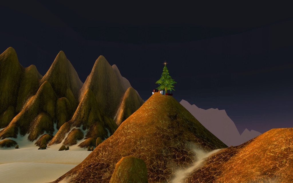 Ein animiertes Bild, das Berge, verstreute Steine auf dem Boden, einen Weihnachtsbaum, verschiedene Gegenstände und einen Himmel zeigt.