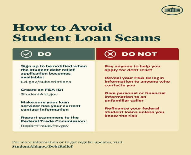 Brightly colored poster with blue background and white bold text titled "How to Avoid Student Loan Scams," featuring a small student illustration with a magnifying glass and a list of steps to avoid scams.