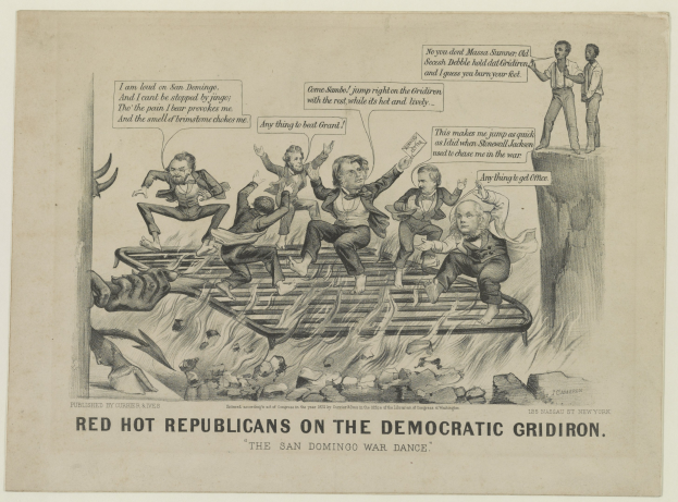 Ein politischer Cartoon auf Papier, der besorgte rote Figuren auf einem blauen Footballfeld zeigt, mit schwarzer Schrift, die eine ernste Situation betont.