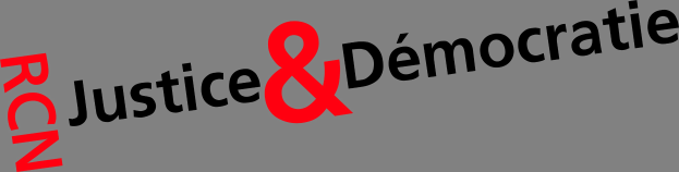 White background with bold, modern text "justice & democratie" in black and red, conveying trustworthiness and reliability.