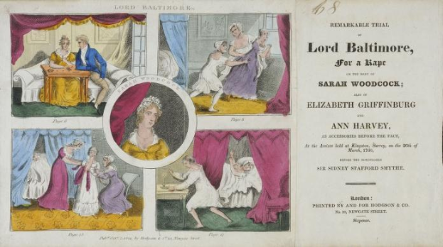 Eine historische Illustration, die einen Prozess zeigt, an dem Lord Baltimore beteiligt ist, mit einem Dokument, das Porträts, Vorhänge und Text enthält.