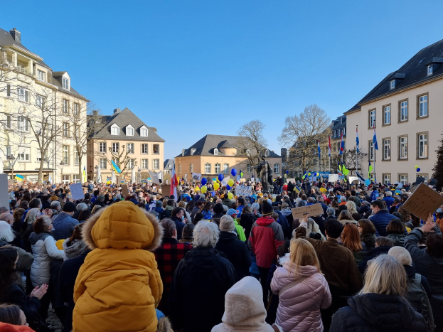 Große Menschenmenge protestiert vor einem Gebäude, hält Schilder und Fahnen gegen ein Regierungsinternetverbot in Frankreich, mit Bäumen und Fenstern im Hintergrund unter einem klaren Himmel.