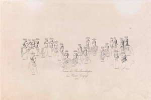 Eine Zeichnung von Personen in Militäruniformen mit einer Liste von Namen des Deutschen Reichs auf einem Stück Papier.