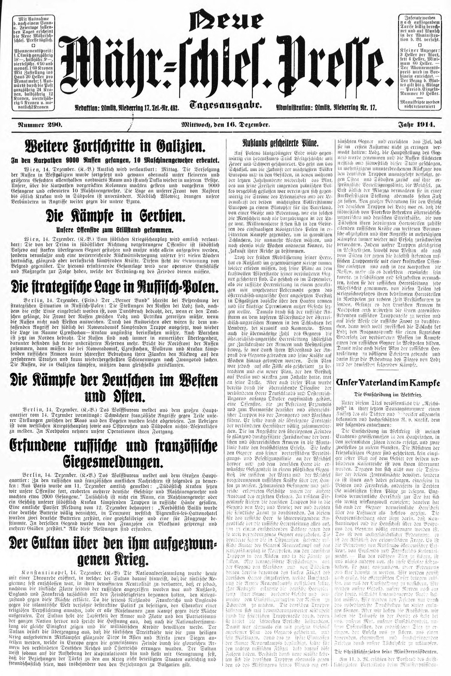 Front page of a 1914 German newspaper featuring a black and white portrait of a suited man, titled "Deutsches Reichstag, Vol 1, No 1, September 18, 1914".