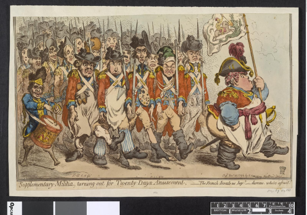 Gruppe von Männern in Militäruniformen marschiert auf einer Straße, einer hält einen Stock in der Hand, mit Text unten: 'Ergänzender Landsturm, zum 20-tägigen Vergnügen antretend'.