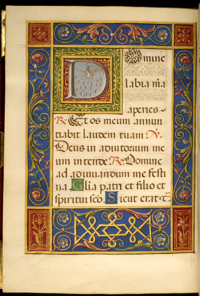 Offenes Buch mit einer illuminierten Handschrift, die ein großes, verziertes Buchstaben 'D' zeigt, umgeben von detaillierten Entwürfen und Text in leuchtenden Farben.