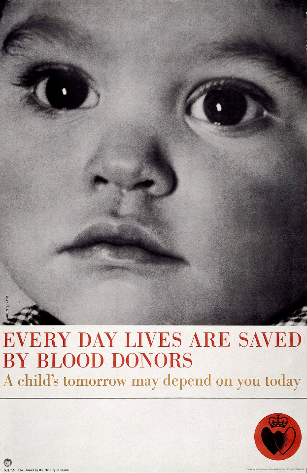 A poster with a child's solemn face in the center, surrounded by bold black text reading "Every day lives are saved by blood donors."