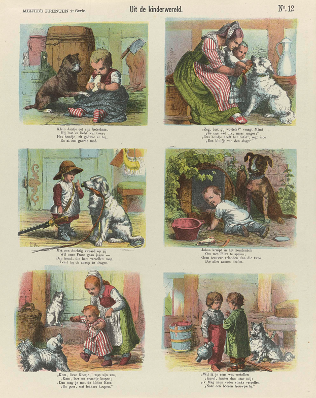 Ein Buchseitenbild mit Fotos von Kindern in bunten Kleidern und verschiedenen Hunderassen sowie kursivem Text, der von einem dekorativen Rahmen umgeben ist.