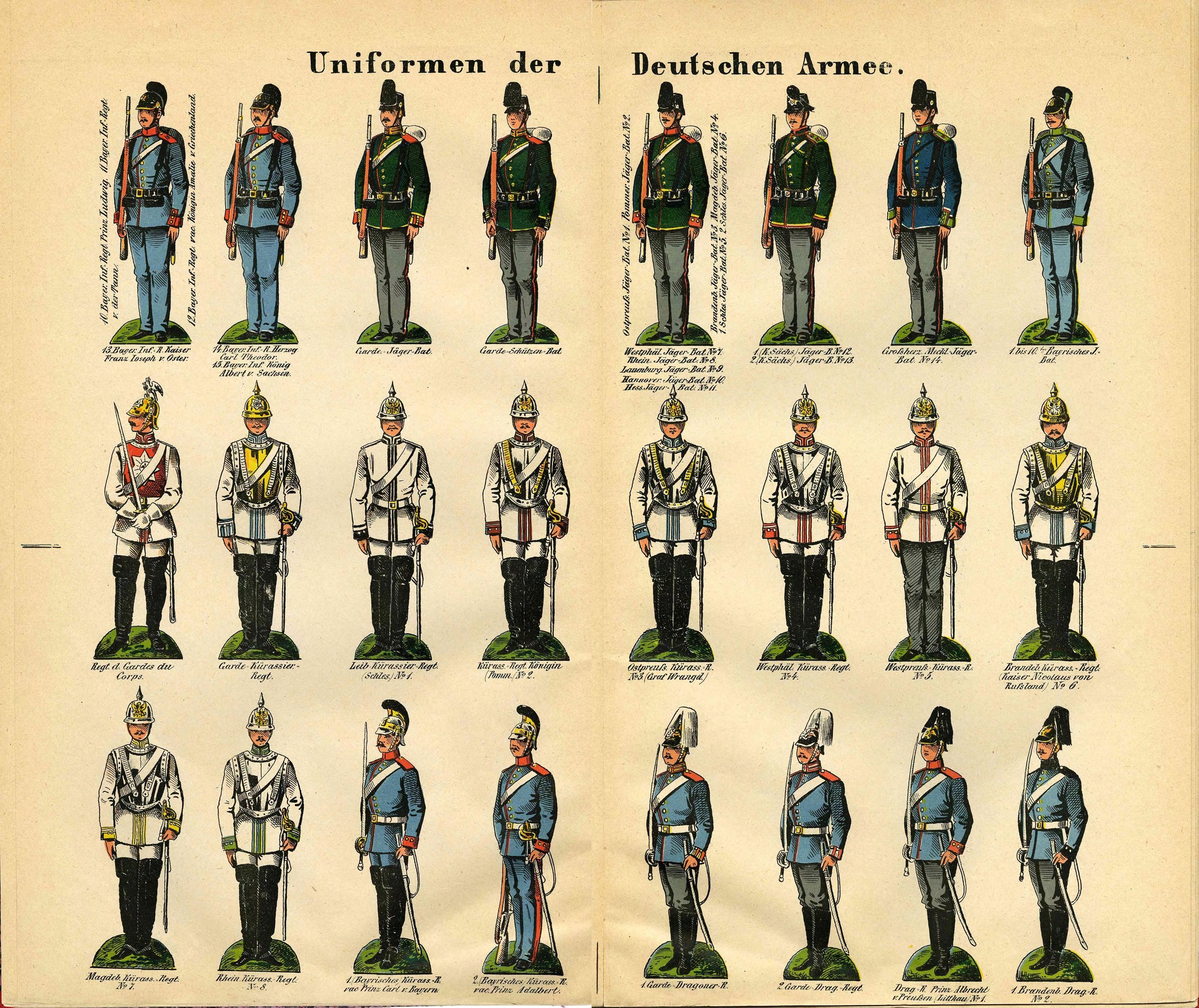 Ein Buch, das bunt gefärbte Militäruniformen der Deutschen Armee mit detaillierten Elementen wie Helmen, Gewehren und anderen Waffen zeigt.