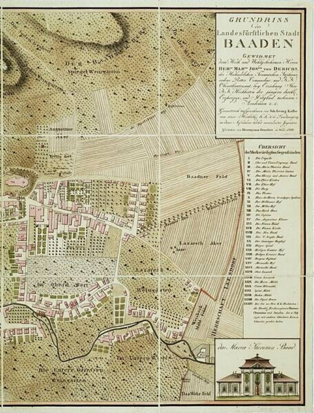 Detailiertes altes Stadtplan von Baden-Württemberg, Deutschland, mit einem Gebäude im rechten unteren Eck, das Straßen, Gebäude und Sehenswürdigkeiten mit zusätzlichen Textinformationen zeigt.
