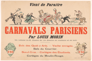 Ein Blatt mit der Überschrift "Carnivals Parisiens par Louis Morin" in fetter Schrift, das farbenfrohe, detaillierte Entwürfe von Menschen in bunten Karnevalskostümen und Masken zeigt.