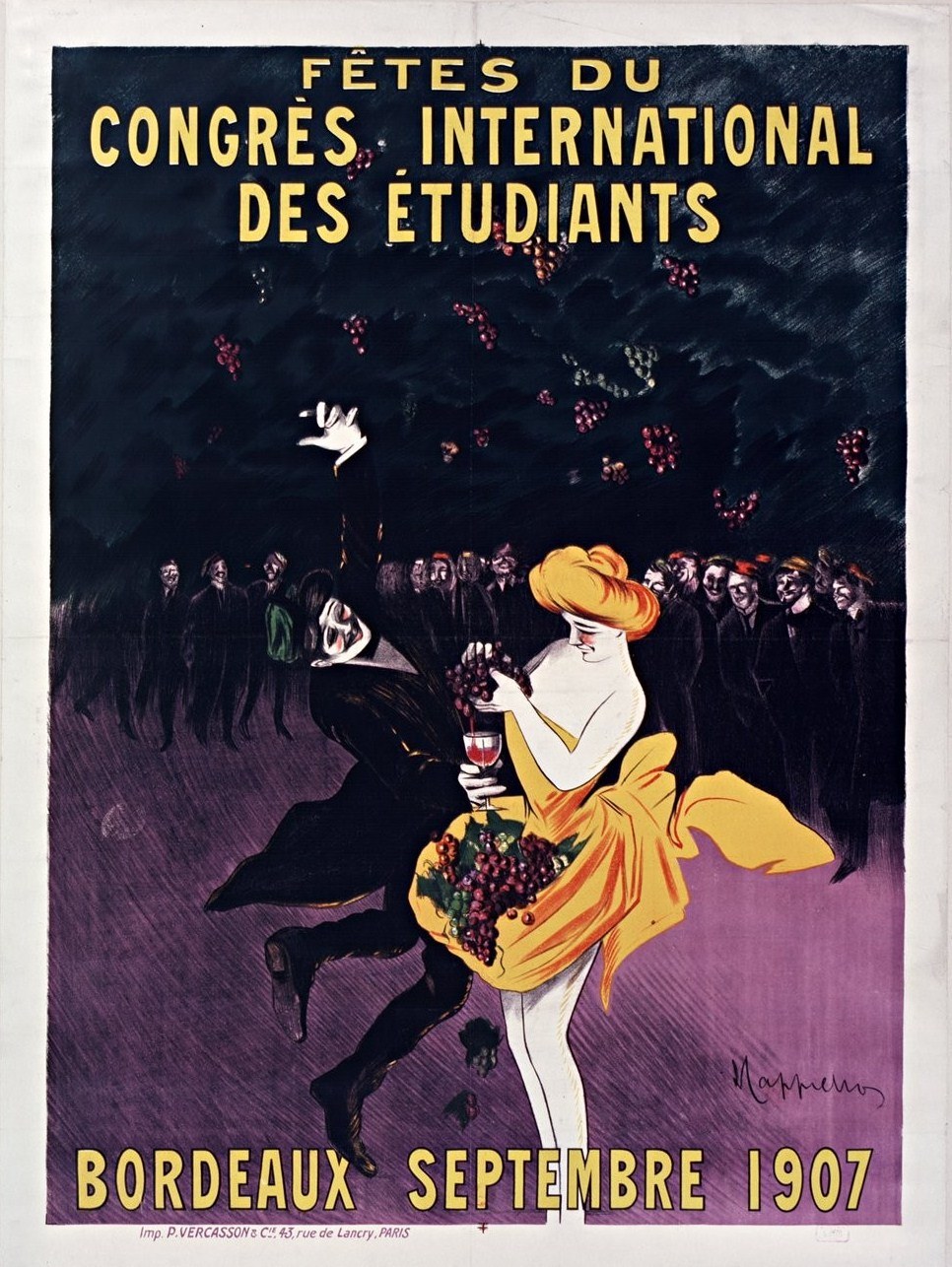 Plakat aus dem Jahr 1907, das ein Weinprobier-Event in Bordeaux, Frankreich, ankündigt, mit einer Frau in einem gelben Kleid, die ein Weinglas hält und von einer Gruppe Menschen umgeben ist.