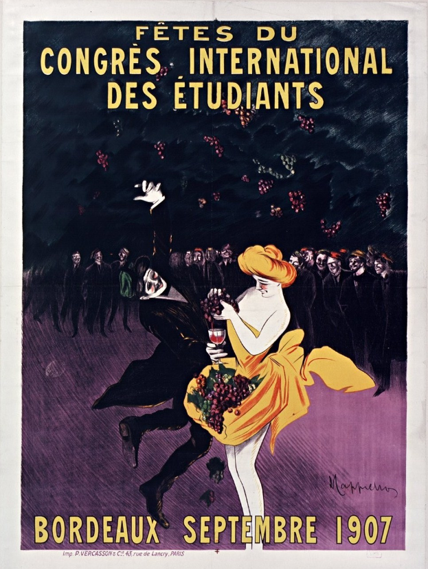 Plakat aus dem Jahr 1907, das ein Weinprobier-Event in Bordeaux, Frankreich, ankündigt, mit einer Frau in einem gelben Kleid, die ein Weinglas hält und von einer Gruppe Menschen umgeben ist.