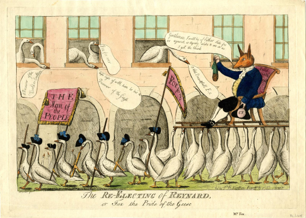 Ein Cartoon-Fuchs sitzt auf einem Stuhl vor einer Schar Gänse und hält ein Banner, auf dem steht: "Die Wiederwahl von Reynard oder Fuchs, der Stolz der Gänse", mit einem Gebäude mit Fenstern im Hintergrund.