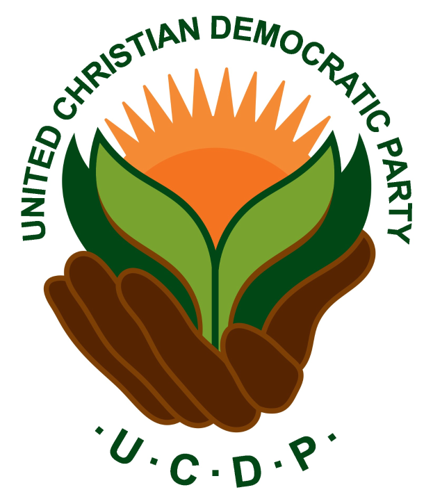 Logo der Vereinigten Christdemokraten (UCDP): eine Hand, die eine leuchtend gelbe Blume mit einem grünen Stiel und Blättern hält, zentriert innerhalb eines blauen und gelben Kreises auf einem weißen Hintergrund, mit "UCDP" in fetter schwarzer Schrift darunter.