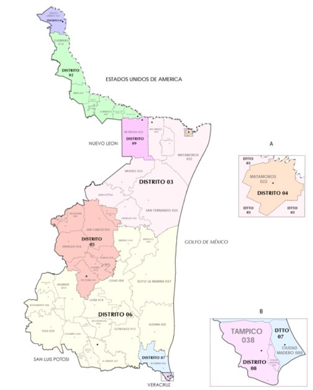 Politische Landkarte Mexikos mit farbigen Provinzen, ihrenHauptstädten und einem weißen Hintergrund.