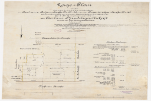 Old document with a hand-drawn floor plan of the Berliner Handelagellachaft, featuring text and a stamp on the left side.