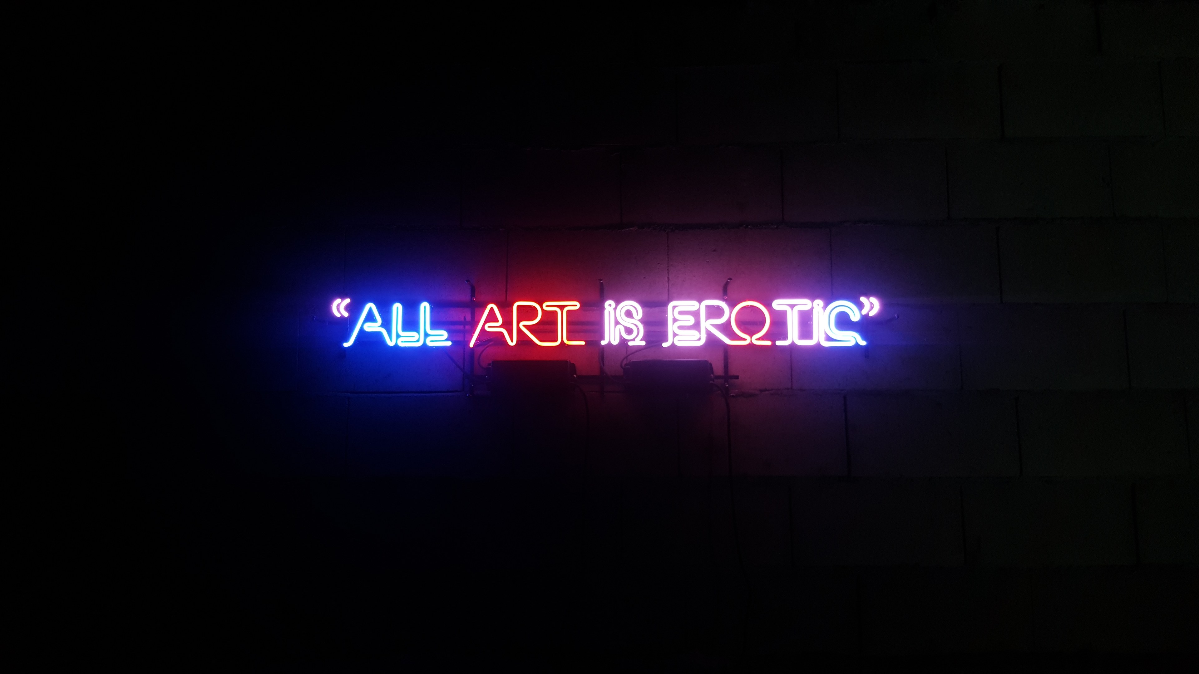 Neon sign reading "all art is erotic" against a dark background, illuminated with bright lights.