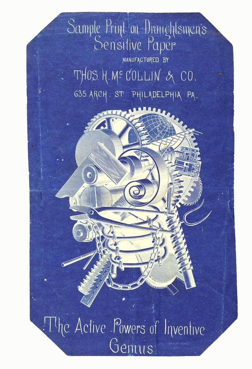 Ein blaues Buch mit dem Titel "Die aktiven Kräfte des erfinderischen Genies" mit einem weißen Cover, das ein entschlossenes Männergesicht zeigt.