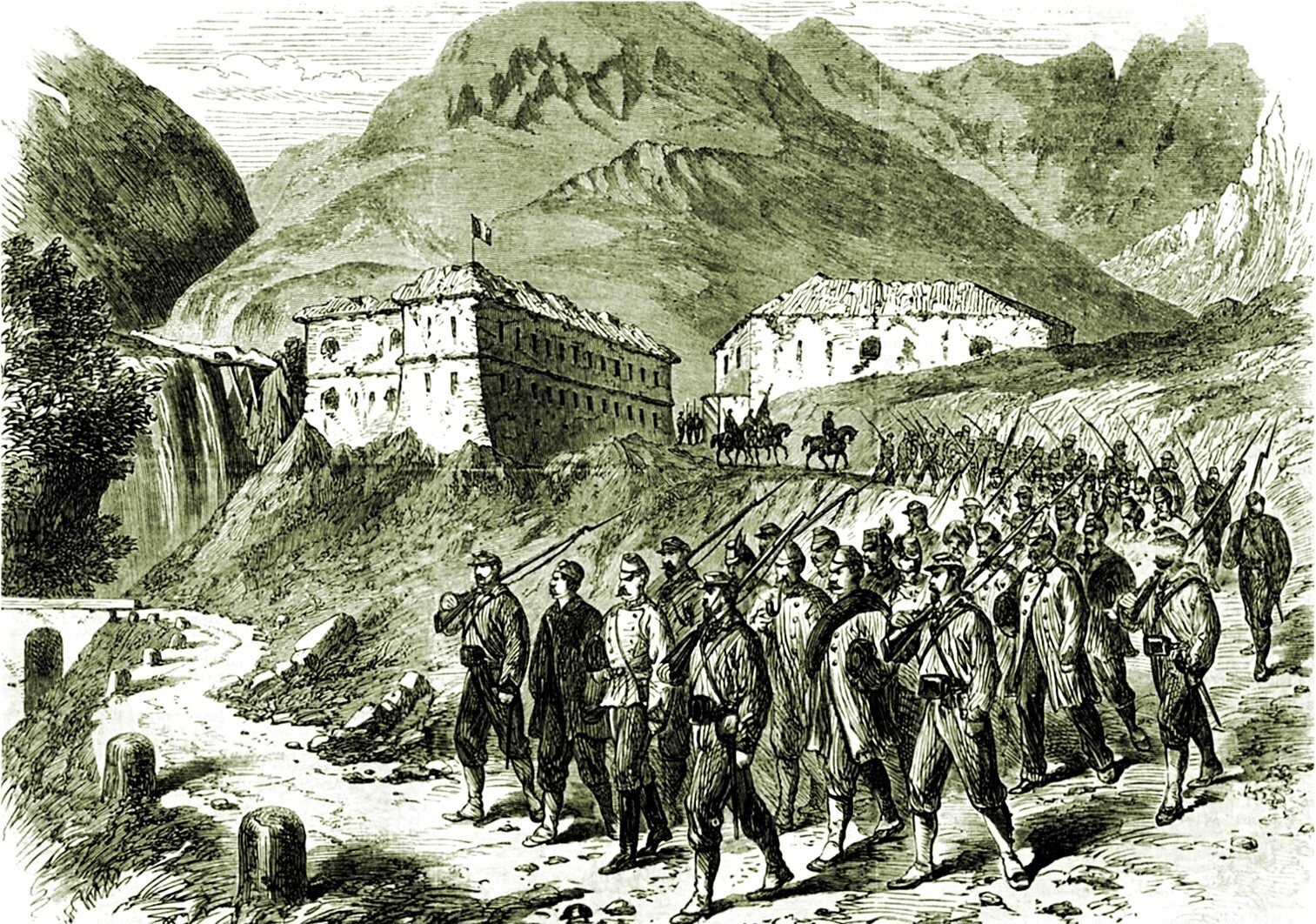 Schwarz-weiß-Bild einer Gruppe von Menschen, die auf einem Schotterweg vor einem Wasserfall gehen, mit Hügeln, Gebäuden, Bäumen und Himmel im Hintergrund; Text unten lautet "Französische Truppen betreten die Schweizer Alpen".