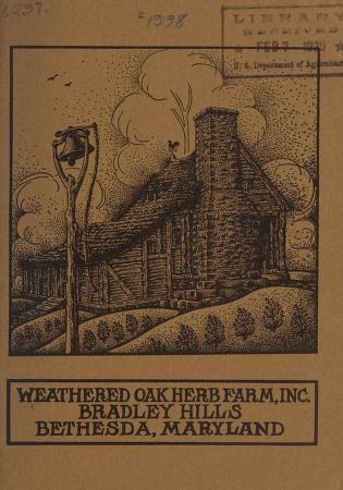 Alter Buchumschlag mit einer verwitterten Eichenkrautfarm in Bradley Hills, Bethesda, Maryland, mit einem Haus, grünem Gras und fliegenden Vögeln, betitelt mit "Weathered Oak Herb Farm, Inc."