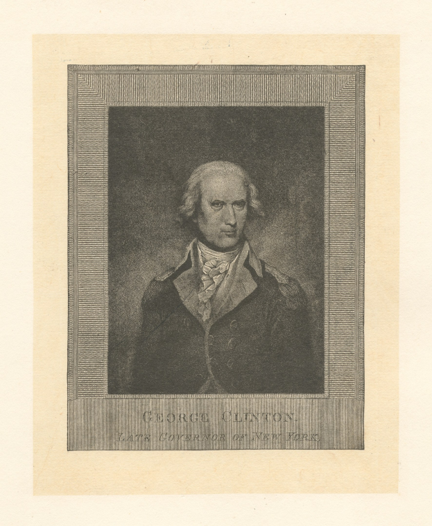 Porträt von George Clinton, dem verstorbenen Gouverneur von New York, in einem Anzug mit ernster Miene, der direkt in die Kamera schaut; Text unten lautet 'George Clinton'.