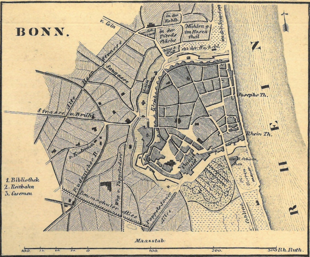 Detailierte alte Karte von Bonn, Deutschland, zeigt Straßen, Geb¤ude und Sehenswürdigkeiten mit sichtbarem Text.