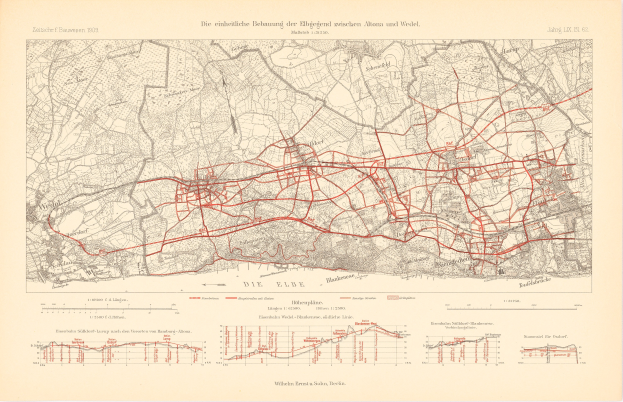 Old map of Berlin, Germany, with red train route lines on paper, printed text at top and bottom.