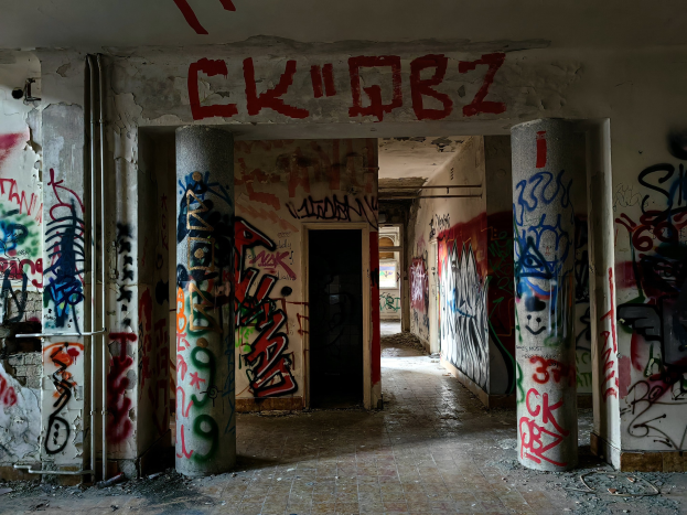 Verfallenes Gebäude mit Graffiti-bedeckten Wänden, sichtbarem Boden, freiliegenden Rohren und einer Tür im Hintergrund, das die städtische Verwahrlosung illustriert.