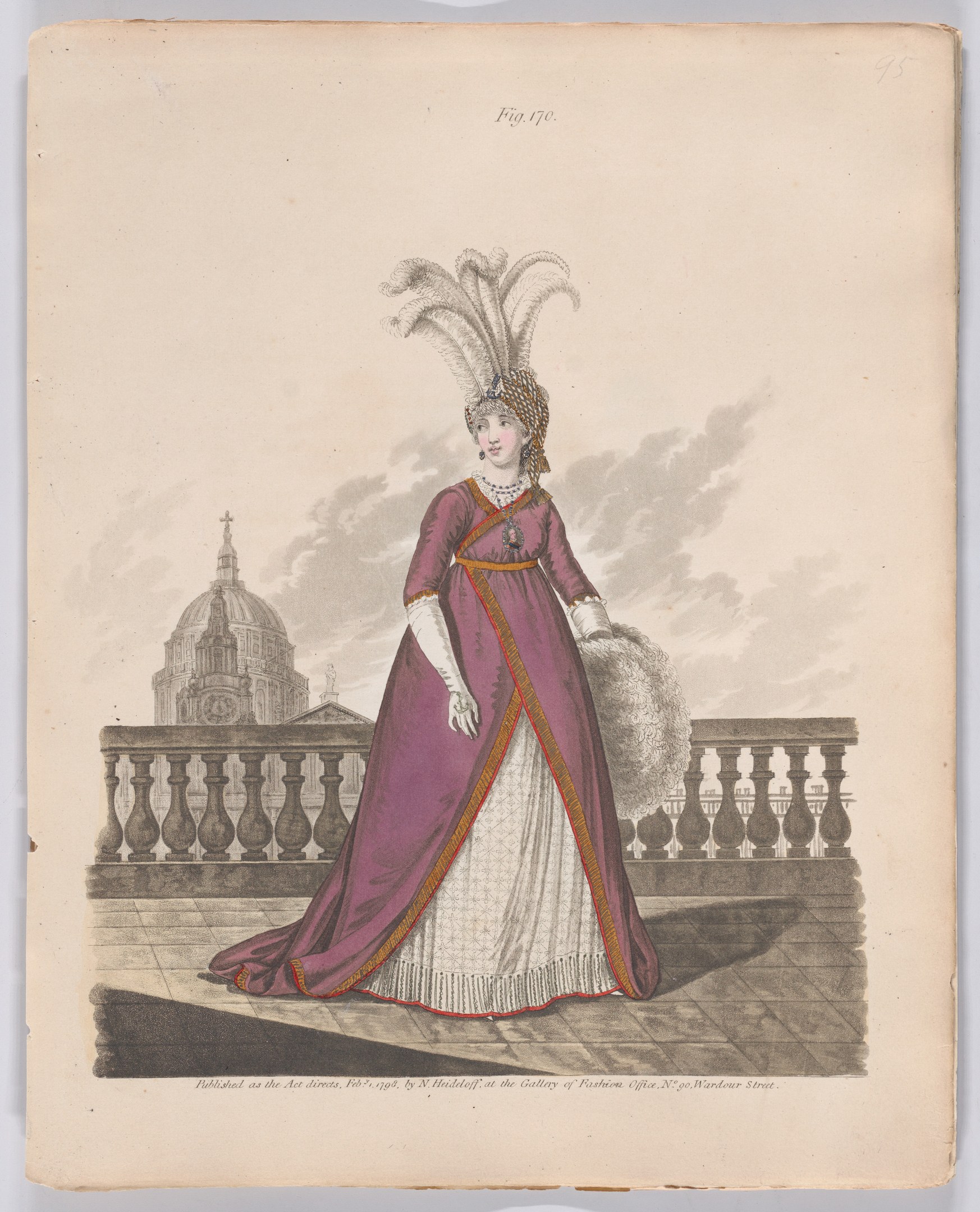 Woman in a purple and white dress with feathers on her head, standing in front of a railing with a building and clouds in the background, labeled "Fashion of New York, New York Street, 1790".