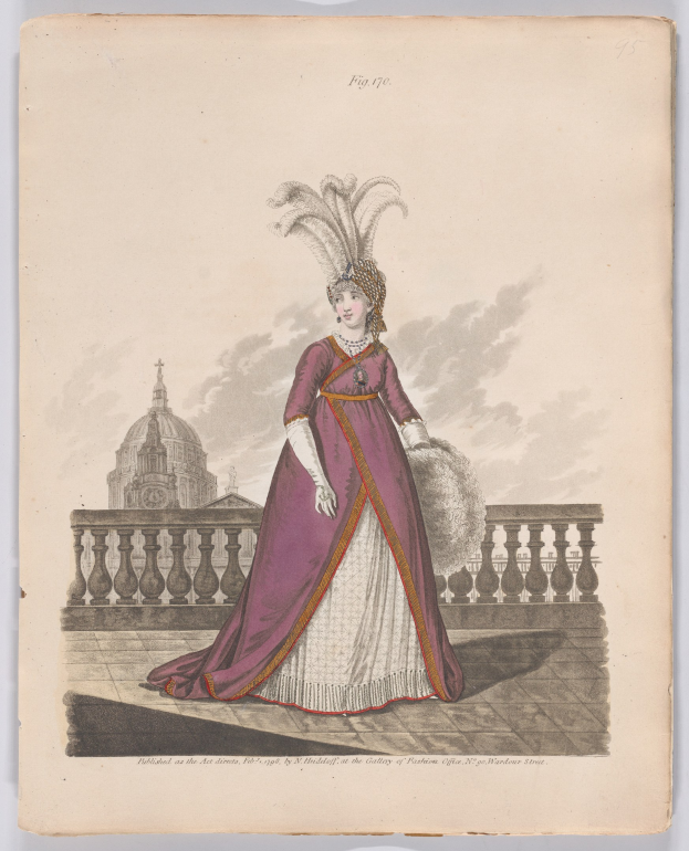 Woman in a purple and white dress with feathers on her head, standing in front of a railing with a building and clouds in the background, labeled "Fashion of New York, New York Street, 1790".