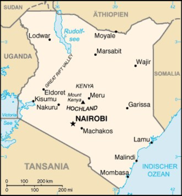 Political map of Nairobi, Kenya, displaying cities, towns, and geographical features with borders and text labels.
