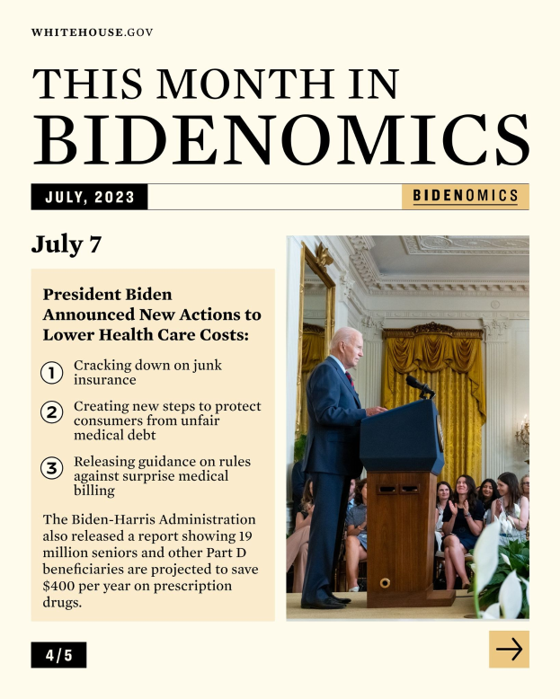 President Biden stands at a podium with a microphone, addressing a seated audience in a room with curtains and a wall in the background, with the text "This Month in Bidenomics July 2023" visible.