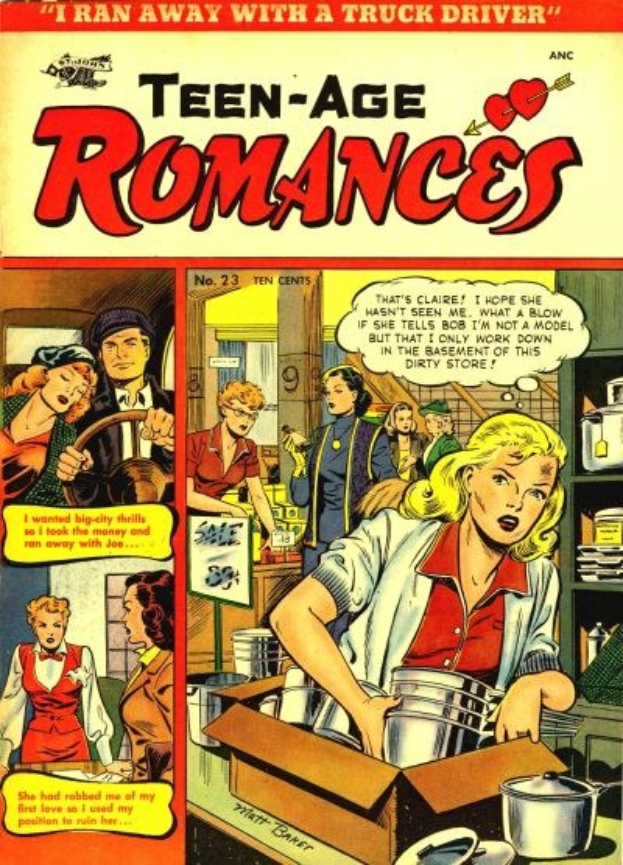 Ein leuchtendes DC-Comics-Plakat mit der Aufschrift "Teen-Age Romances 23-A", das eine Gruppe von Menschen in einer fröhlichen, romantischen Umarmung zeigt.