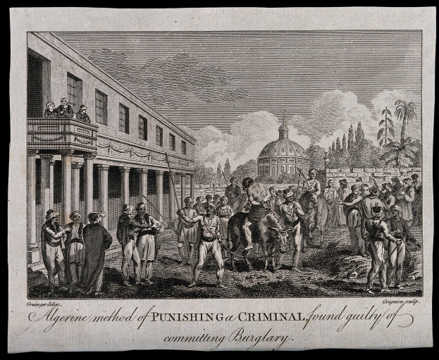 Black and white drawing of people standing in front of a building with pillars and windows, surrounded by trees under a cloudy sky, with text at the bottom reading "Algerian method of punishing a criminal found guilty of committing burglary".