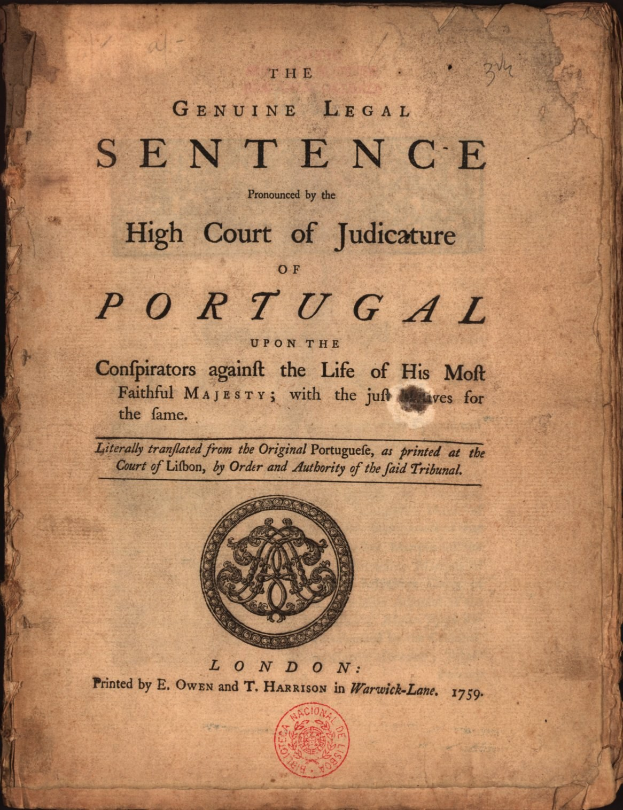 Black book with a stamp on the cover, titled "The Genuine Legal Sentence of the High Court of Judiciary of Portugal" against a black background.